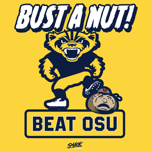 Bust a Nut! Beat Ohio State (Blue/Maize) T-Shirt for Michigan College Fans (SM-5XL)