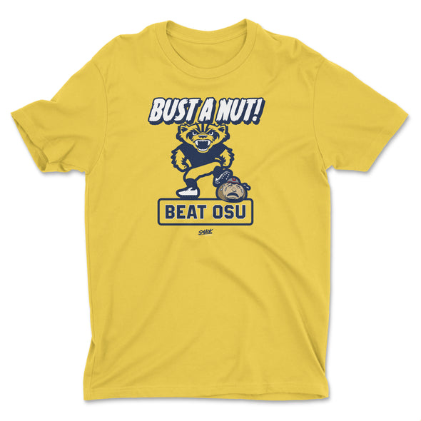 Bust a Nut! Beat Ohio State (Blue/Maize) T-Shirt for Michigan College Fans (SM-5XL)