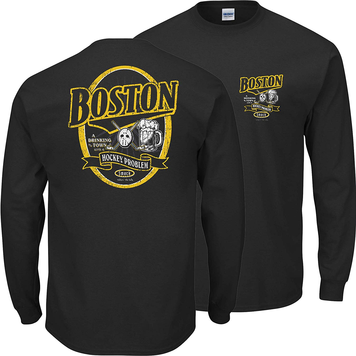 Smack Apparel Boston A Hockey Town with A Drinking Problem Shirt | Boston Pro Hockey Apparel | Shop Unlicensed Boston Gear, Medium / Short Sleeve / Black