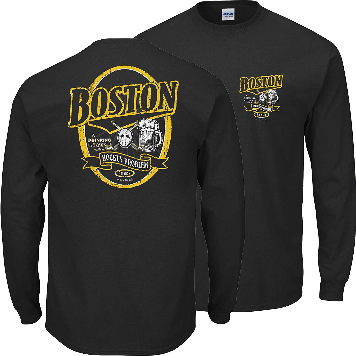 Smack Apparel Boston A Hockey Town with A Drinking Problem Shirt | Boston Pro Hockey Apparel | Shop Unlicensed Boston Gear Small / Long Sleeve / Black