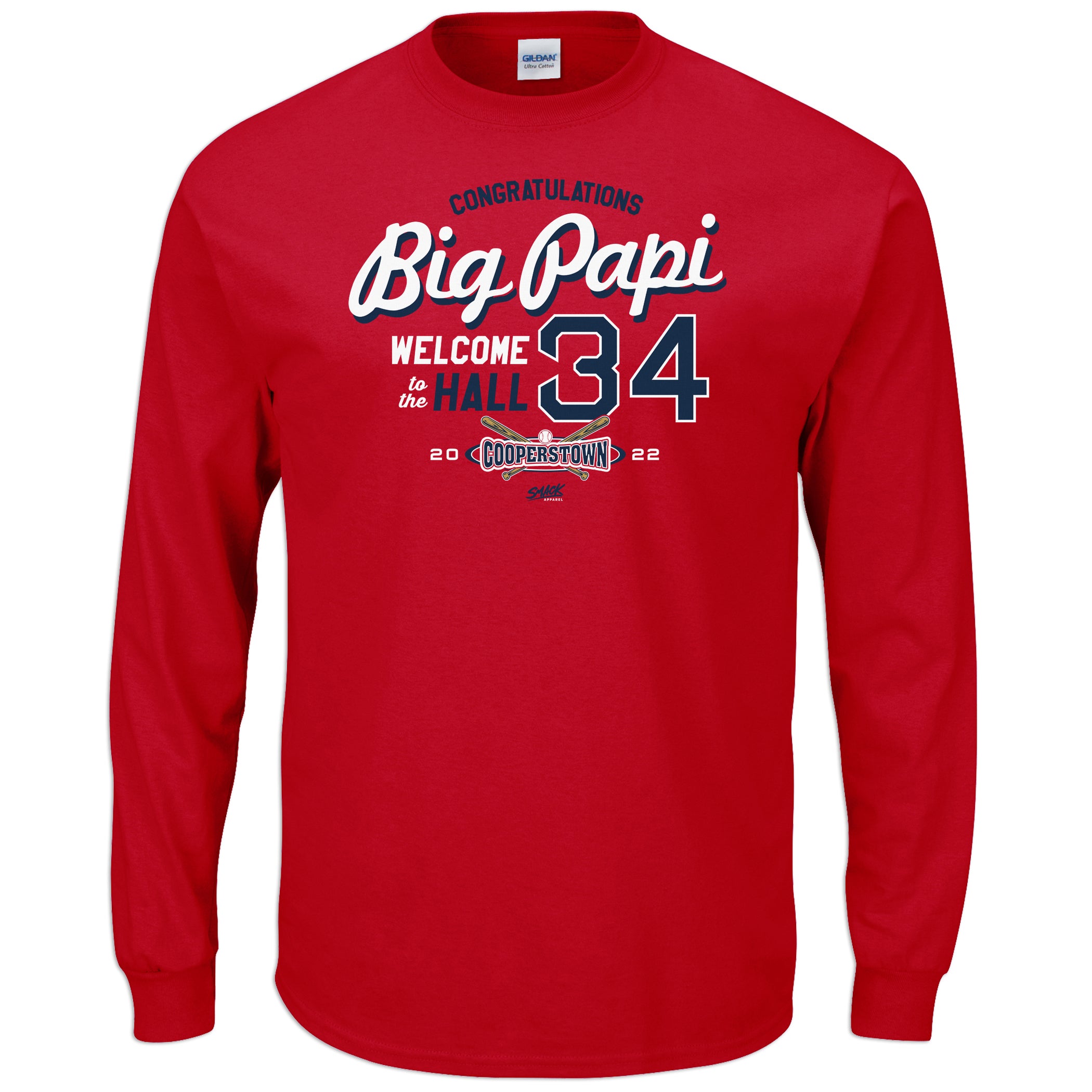 Smack Apparel Congratulations Big Papi Welcome to The Hall for Boston Baseball Fans, Long Sleeve / 2XL / Red