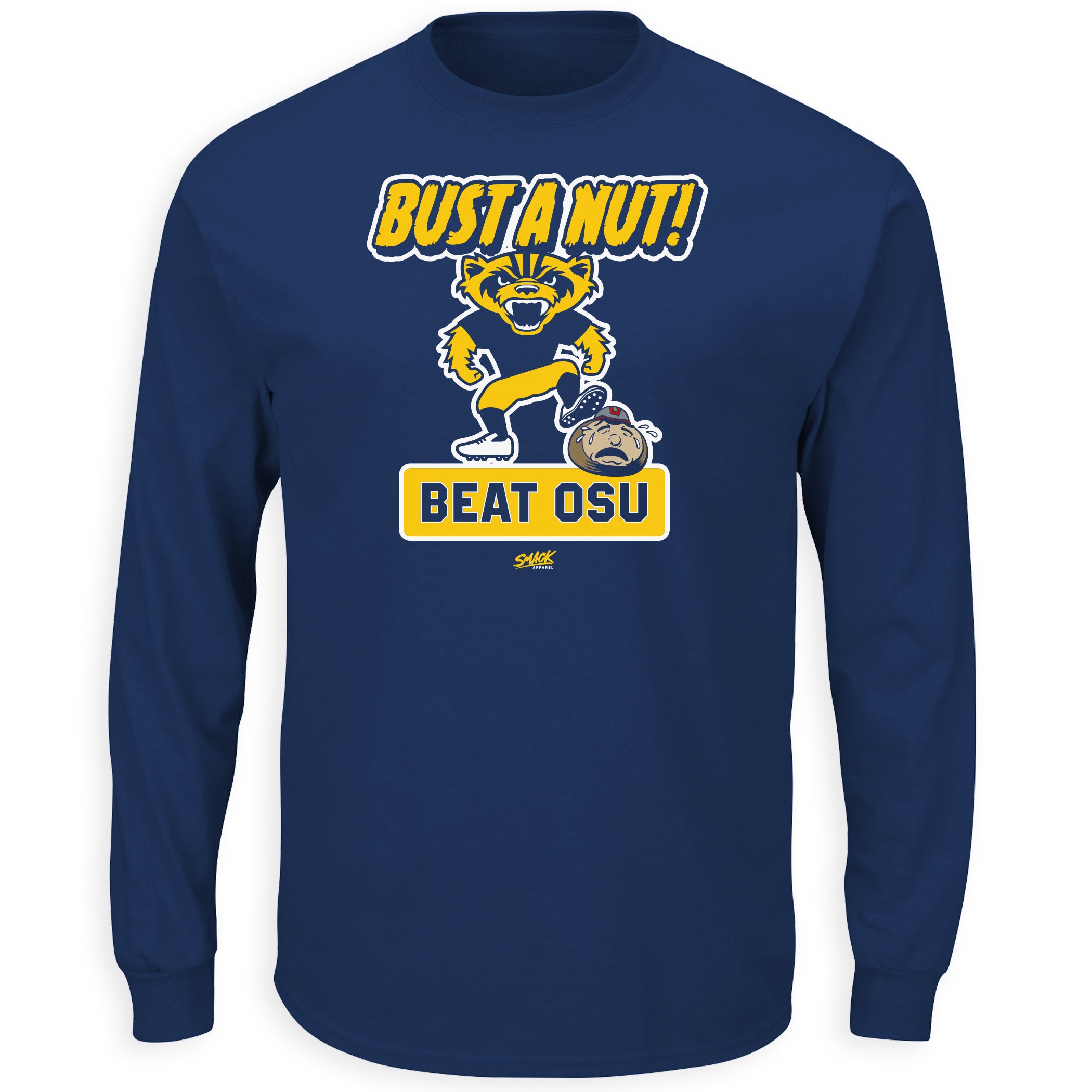 Bust A Nut! Beat Ohio State (Blue/Maize) T-Shirt for Michigan College Fans (SM-5XL) Short Sleeve / Maize / Small