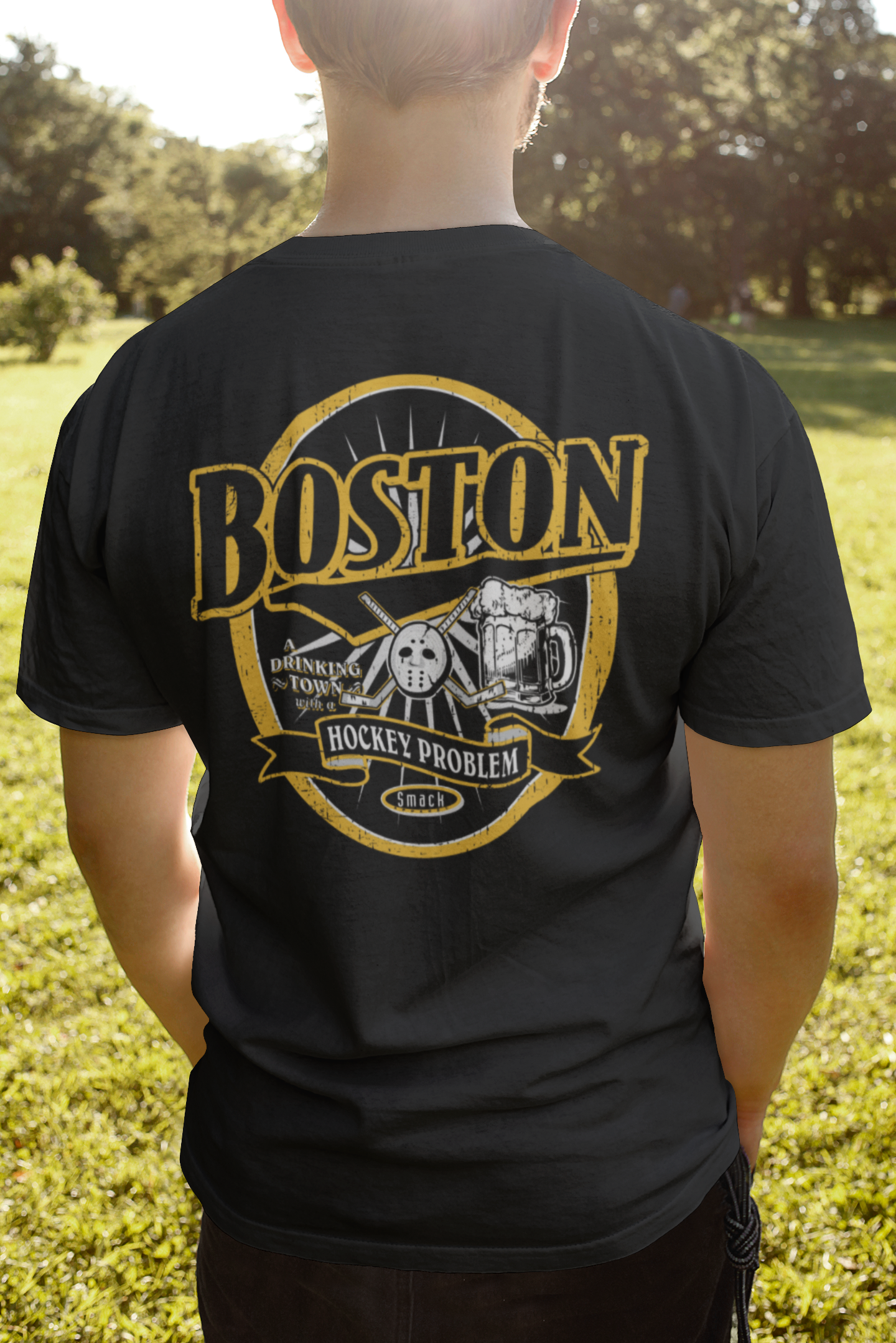 Smack Apparel Boston A Hockey Town with A Drinking Problem Shirt | Boston Pro Hockey Apparel | Shop Unlicensed Boston Gear, Medium / Short Sleeve / Black