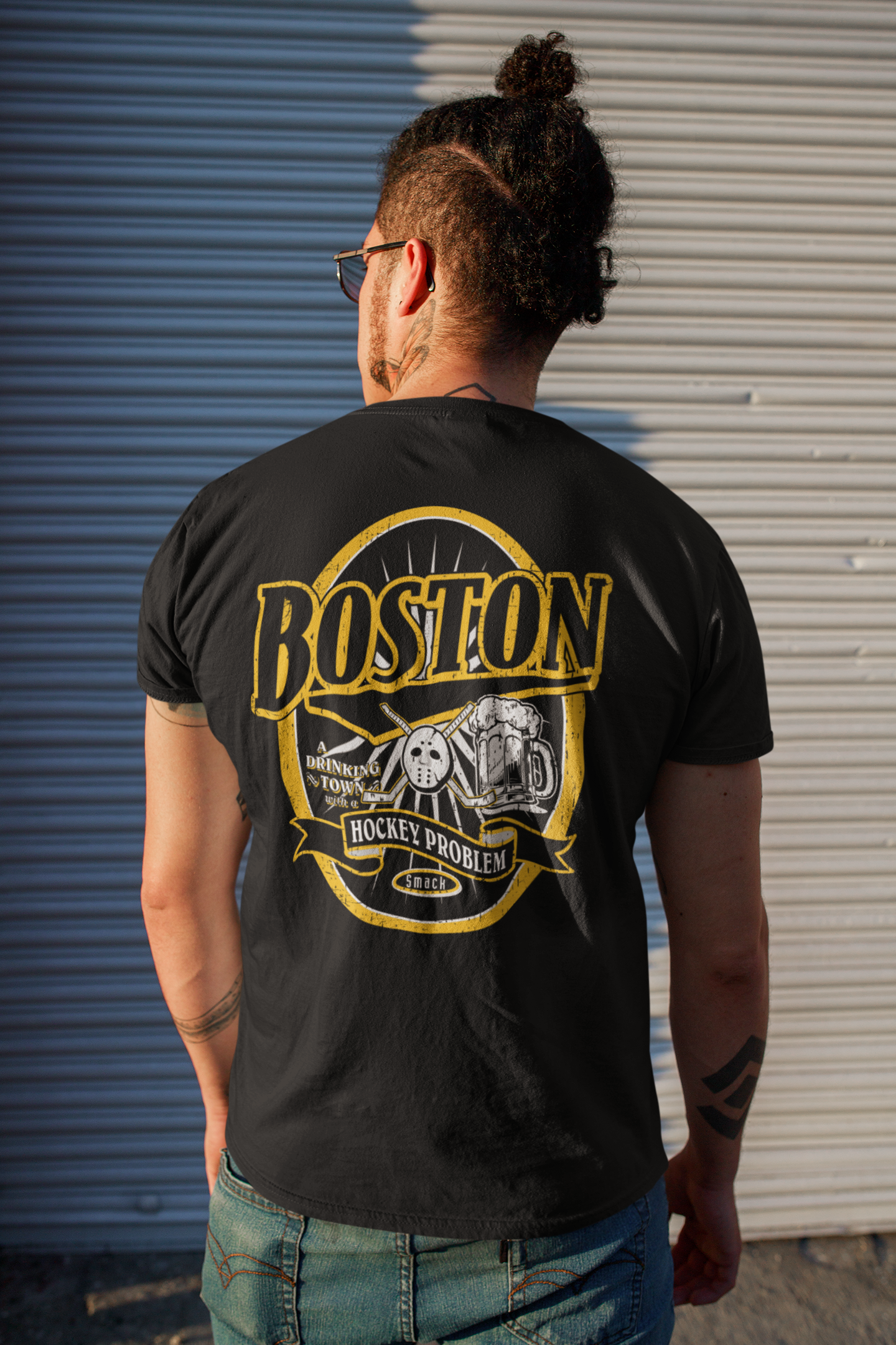 Smack Apparel Boston A Hockey Town with A Drinking Problem Shirt | Boston Pro Hockey Apparel | Shop Unlicensed Boston Gear, Medium / Short Sleeve / Black