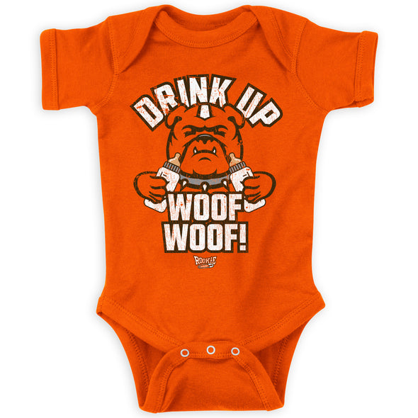 Drink Up Woof Woof! | Unlicensed Cleveland Pro Football Baby Bodysuits or Toddler Tees