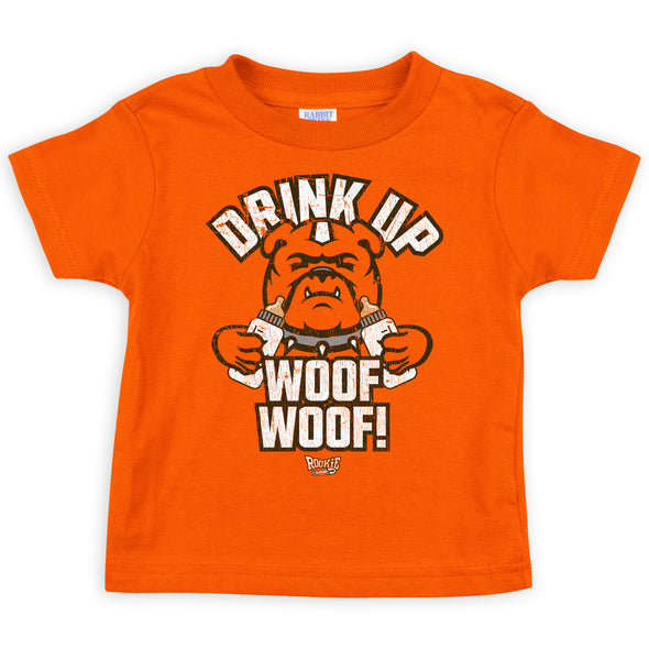 Drink Up Woof Woof! | Unlicensed Cleveland Pro Football Baby Bodysuits or Toddler Tees